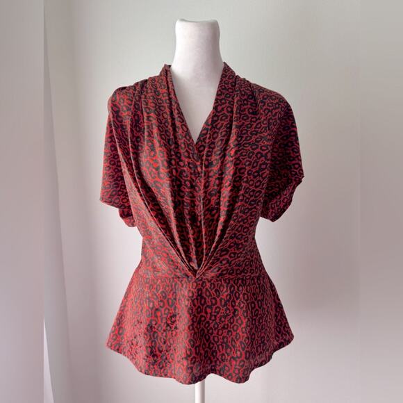 Vintage ‘90s Nicola Red & Black Leopard Print Peplum Waist Short Sleeve Blouse - Picture 2 of 8